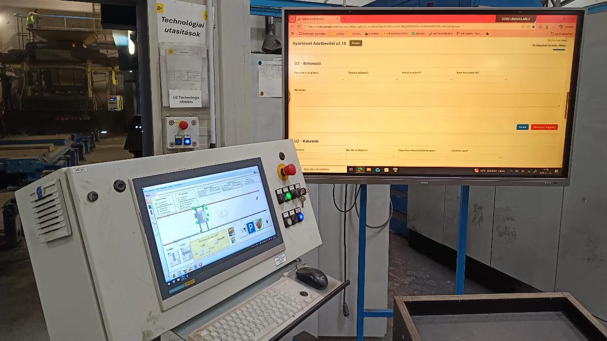 Digitális minőségellenőrzési monitor és gyártósori kezelőfelület az INETON betonelem-előregyártó üzemében